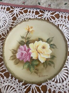 Hand Painted Signed 10 1/4” Plate Yellow and Pink Roses. Japan